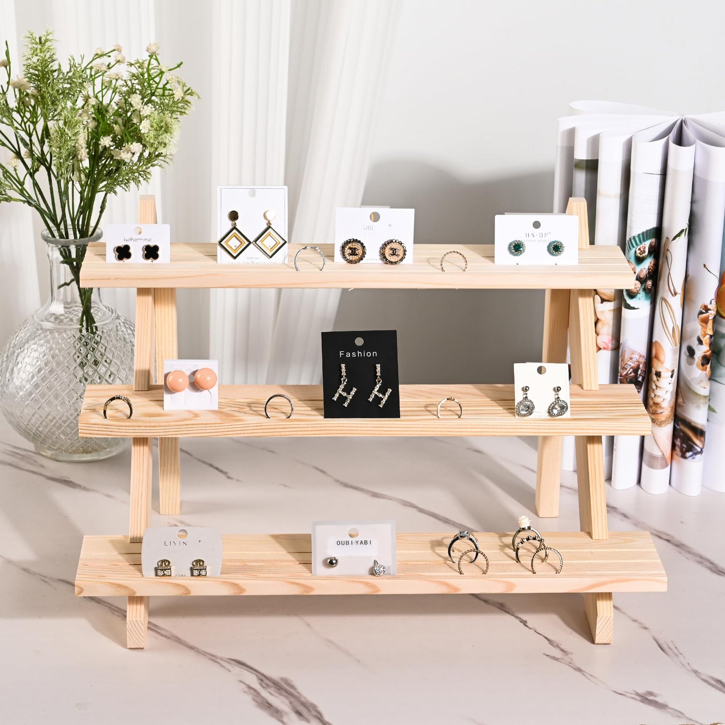 LEXFUNN Wooden Jewellery Display Rack Stand Earring Stall Stand Organizer Shelf 3/4 Tier (3 Tier)