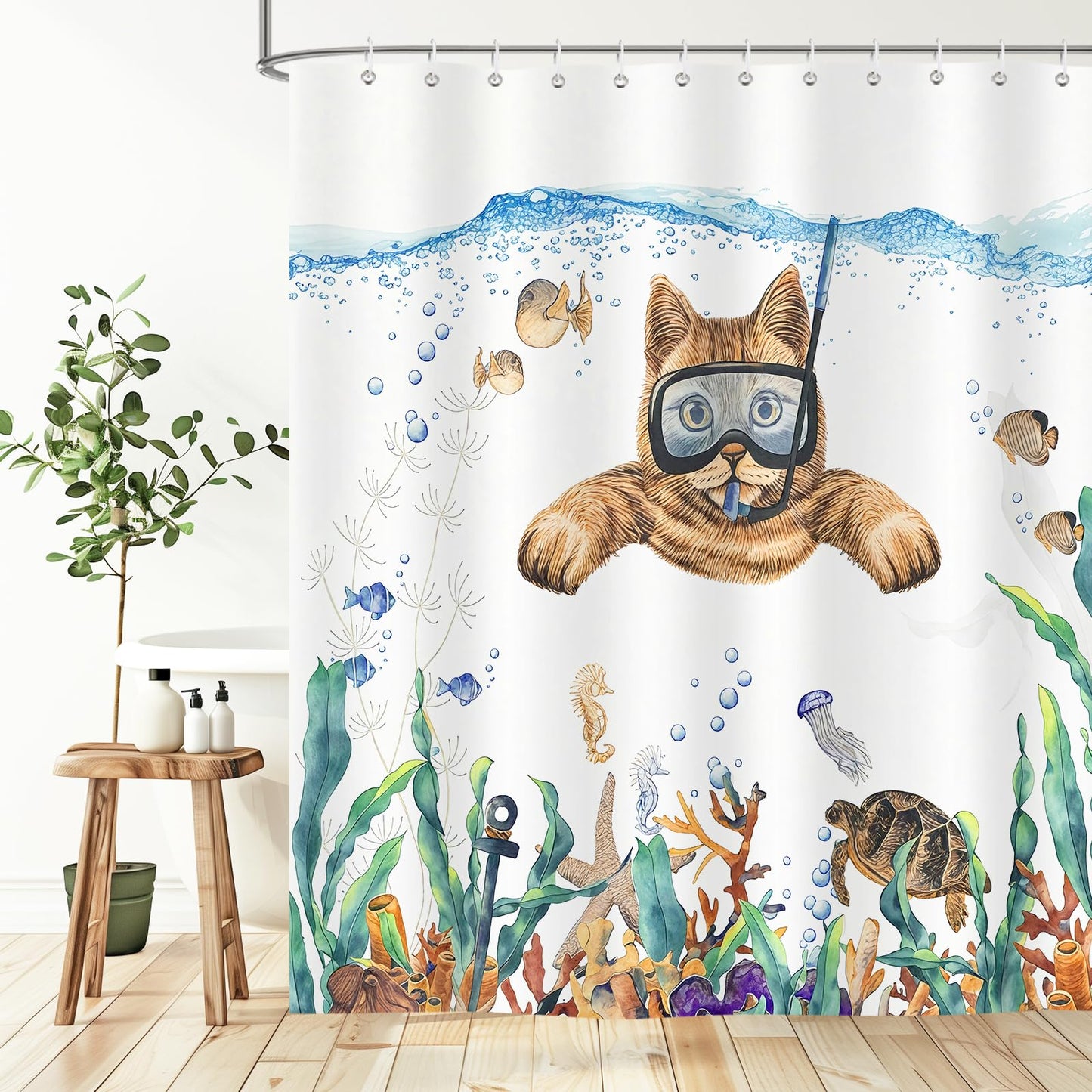 BREASOME Funny Cat Shower Curtain 180 x 180 cm Cute Cat Diving Swimming Shower Curtain for Bathroom Decor Mould Proof Waterproof Polyester Fabric