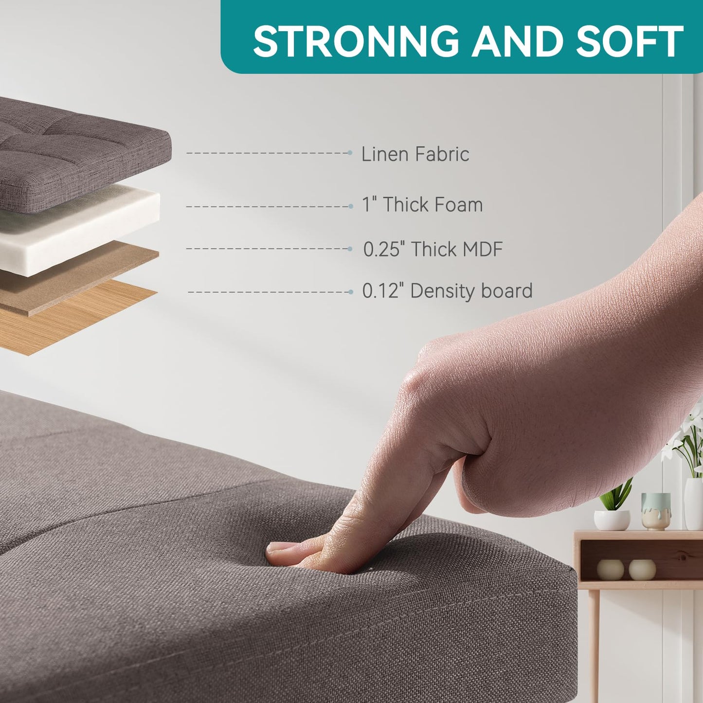 BRIAN & DANY Folding Storage Ottoman with Wood Legs, Linen Foot Stool, Storage Chest with Highly Elastic Sponge Filling, Brown, 38 x 38 x 38 cm