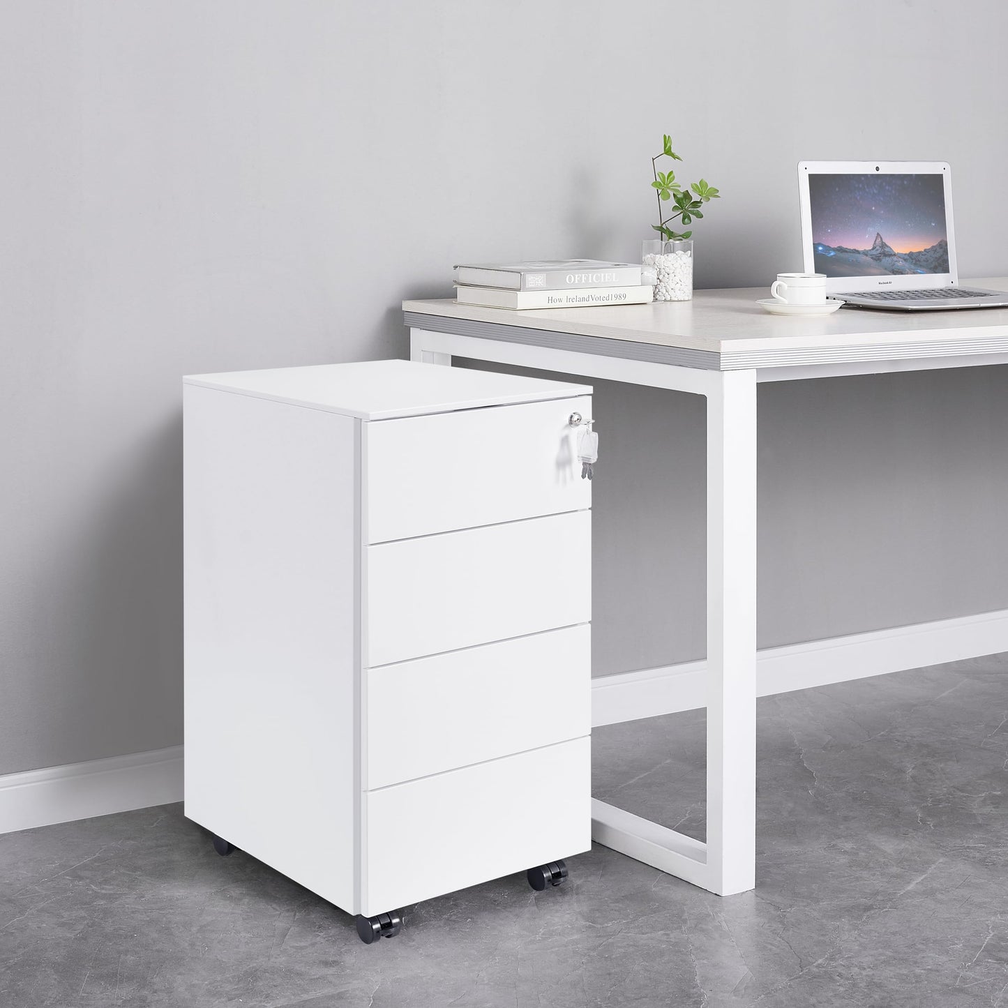 LVSTEEL 4-Drawer Mobile Filing Cabinet with Lock, Steel Office File Cabinet on Wheels, Under Desk Metal Cabinet, Fully Assembled, White, 37x44x69.5cm