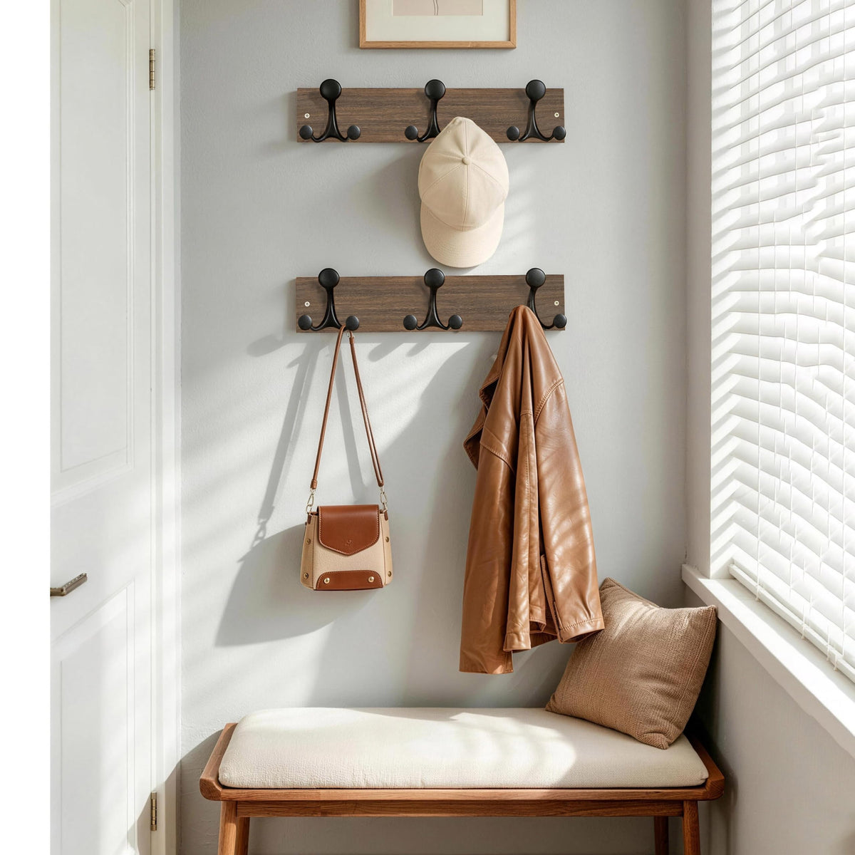 HONSKY Wall Mounted Coat Rack, 43cm Paulownia Wood Backboard, 3 Sturdy Black Aluminium Alloy Triple Hooks 9 Hanging Points