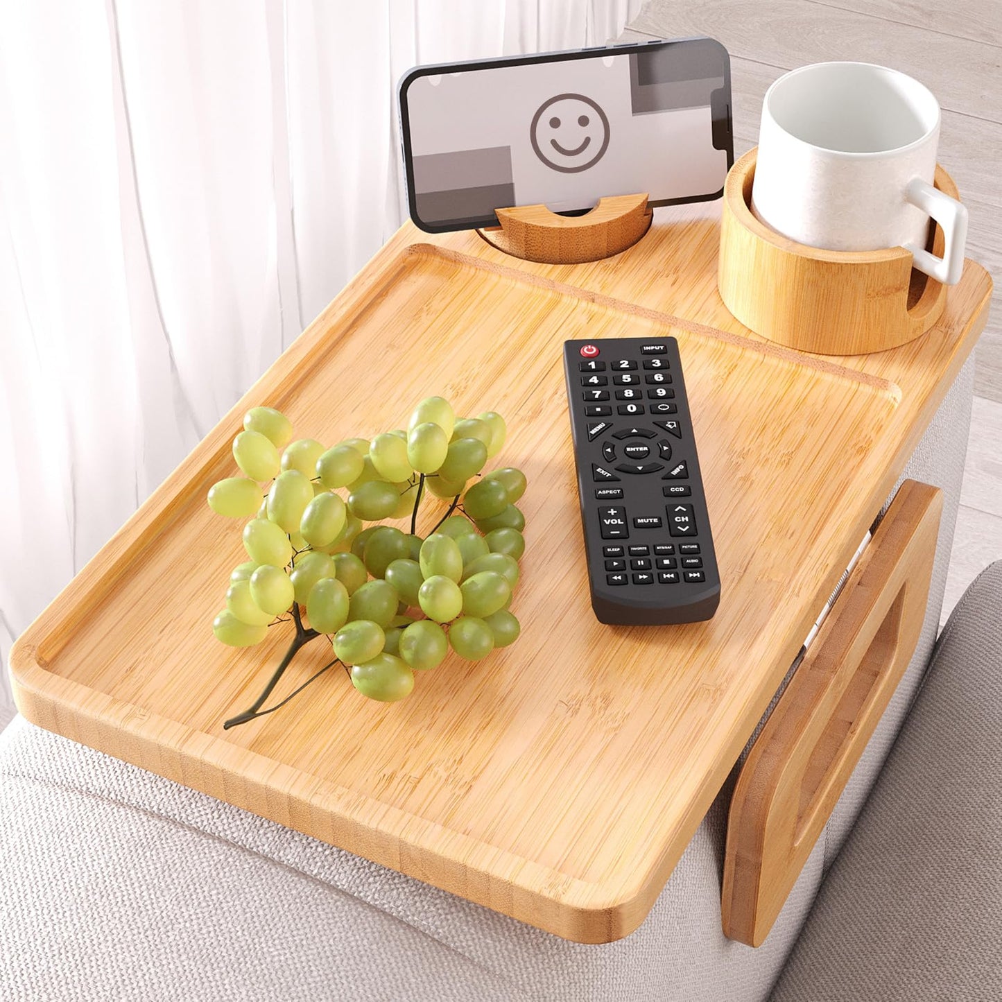 Fibogollo 3 in 1 Sofa Tray,Bamboo Folding Couch Arm Tray with Cup holder and Phone Holder,Sofa Armrest Trays Clip-On Sofas Desk for