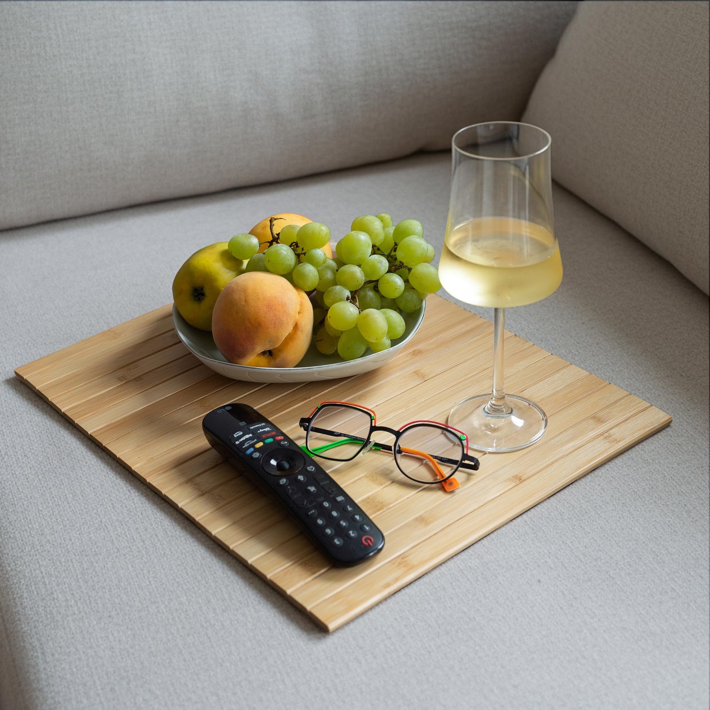 FeinNest Sofa Tray - Flexible Bamboo Couch Armrest Organiser with Non-Slip Base 41.5 x 34 cm Natural Wood Gift Packaging (For Square Backrests Only)
