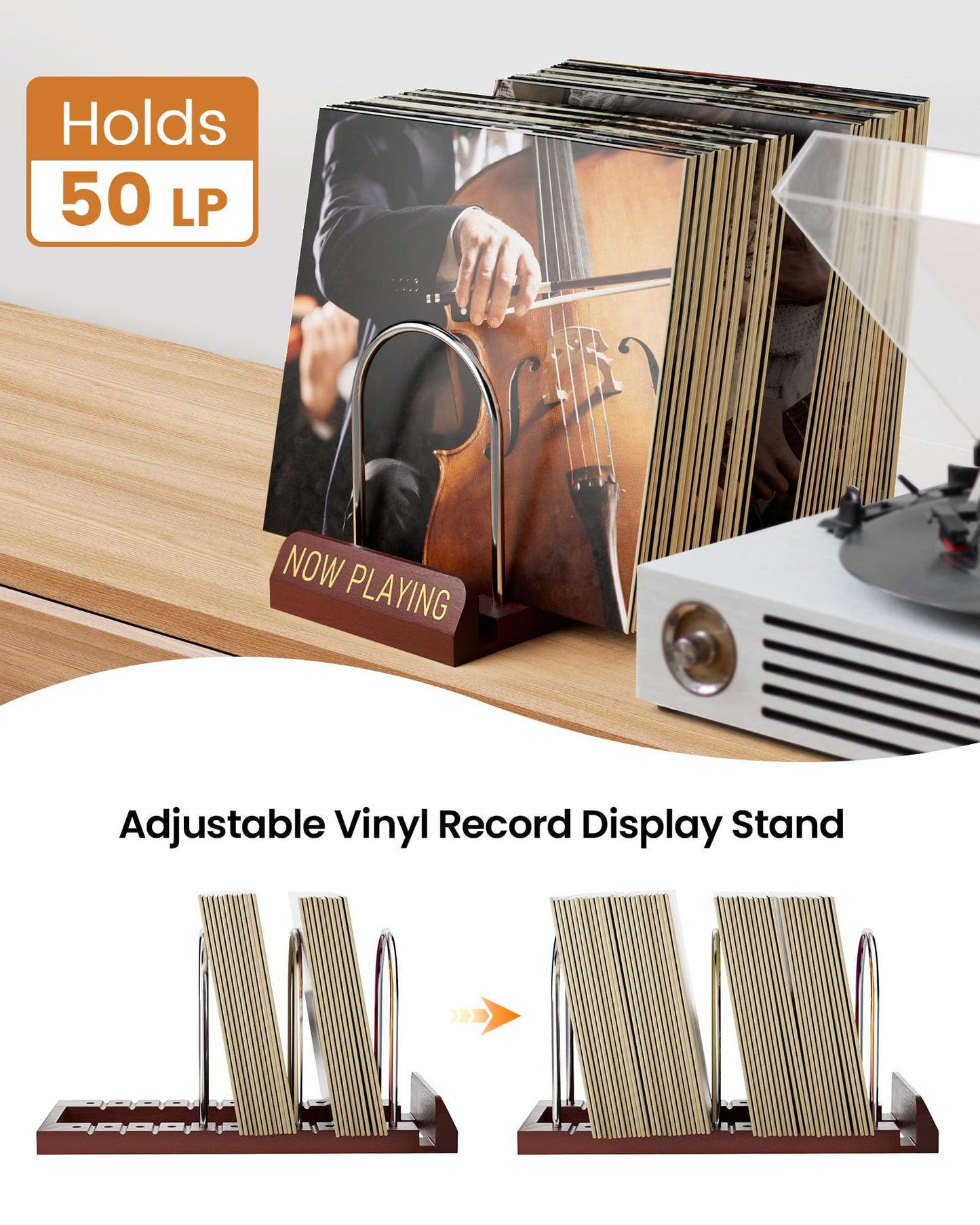 HULISEN Vinyl Record Holder for 50 LPs, Wooden Now Playing Display Stand