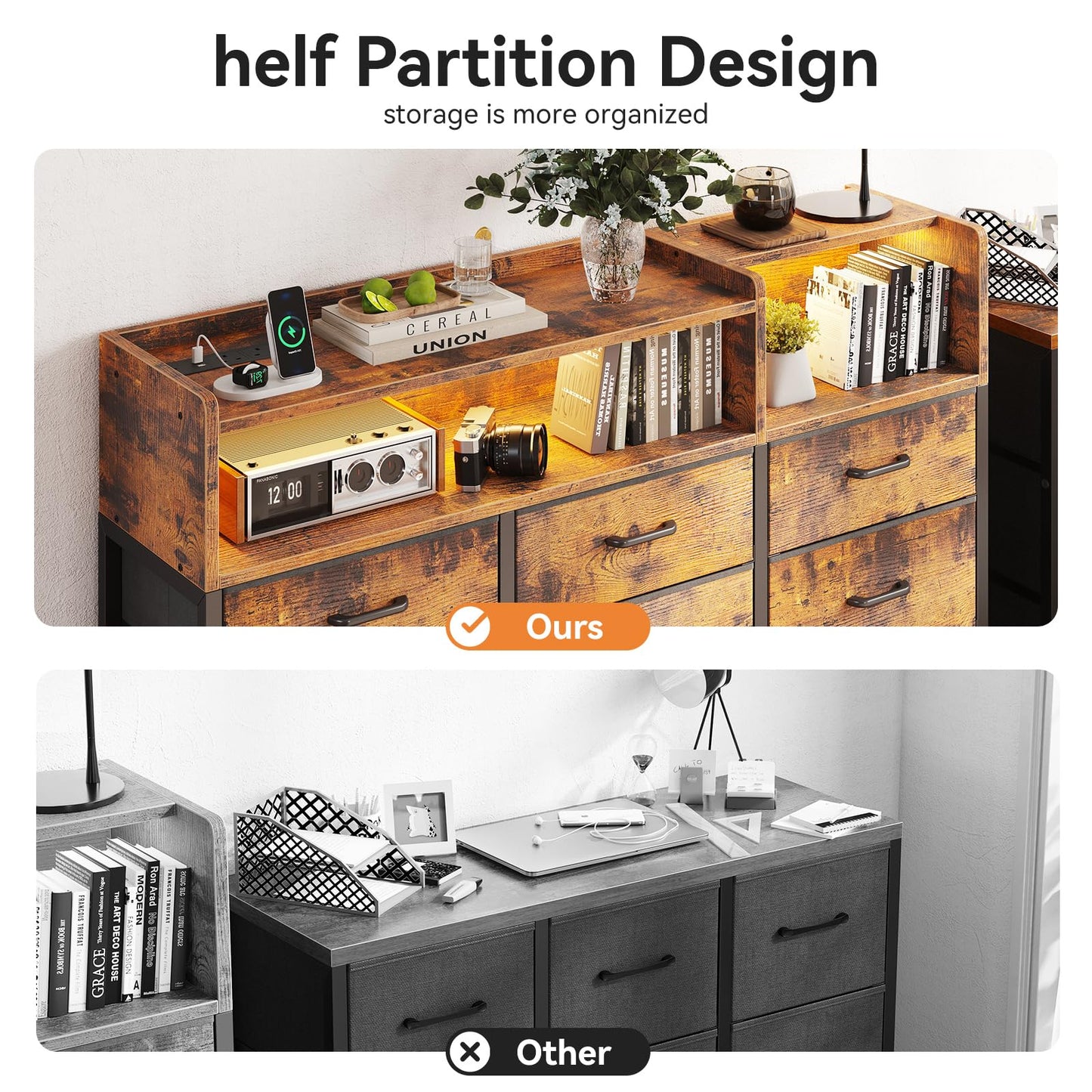 ODK Chest of Drawers Bedroom, 9 Fabric Drawers, Vintage, 130 x 30 x 97cm