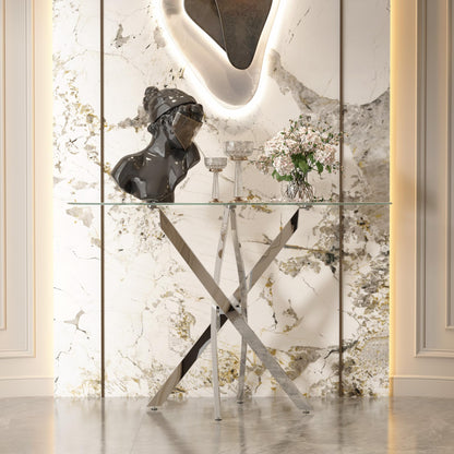 GOLDFAN Glass Console Table Modern Contemporary Style Hallway Table with Chrome Tubular Legs Foyer Table for Entryway, Living Room, Office