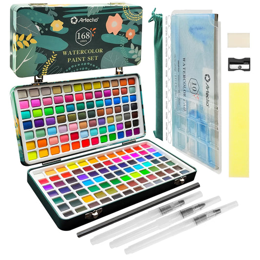 Artecho Watercolour Paint Set 168 Colors in Portable Box Including, Travel Watercolor Set with Watercolor Papers, Brushes and other Tools, Idea for