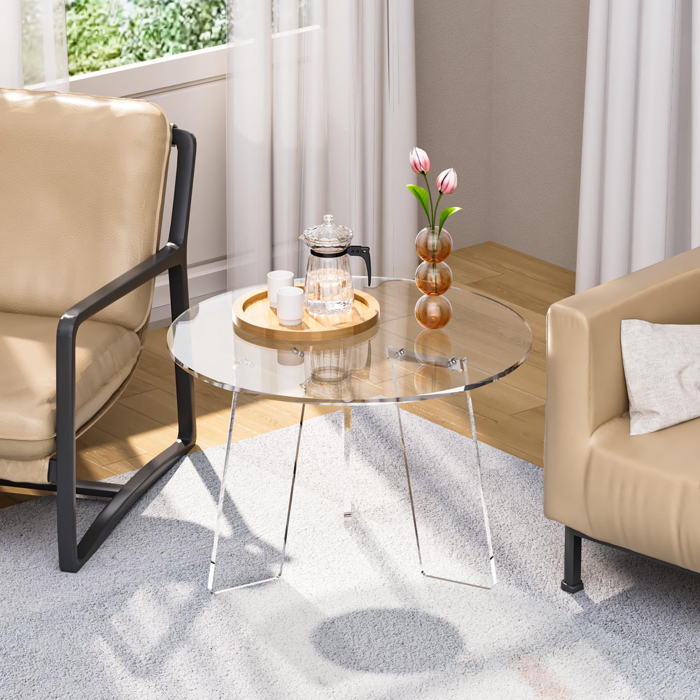 Dewrhiixe Acrylic Round Coffee Table, Clear Circle Modern Lucite Side Table for Living Room, Bedroom, Office (Clear, 60×60×40 cm)