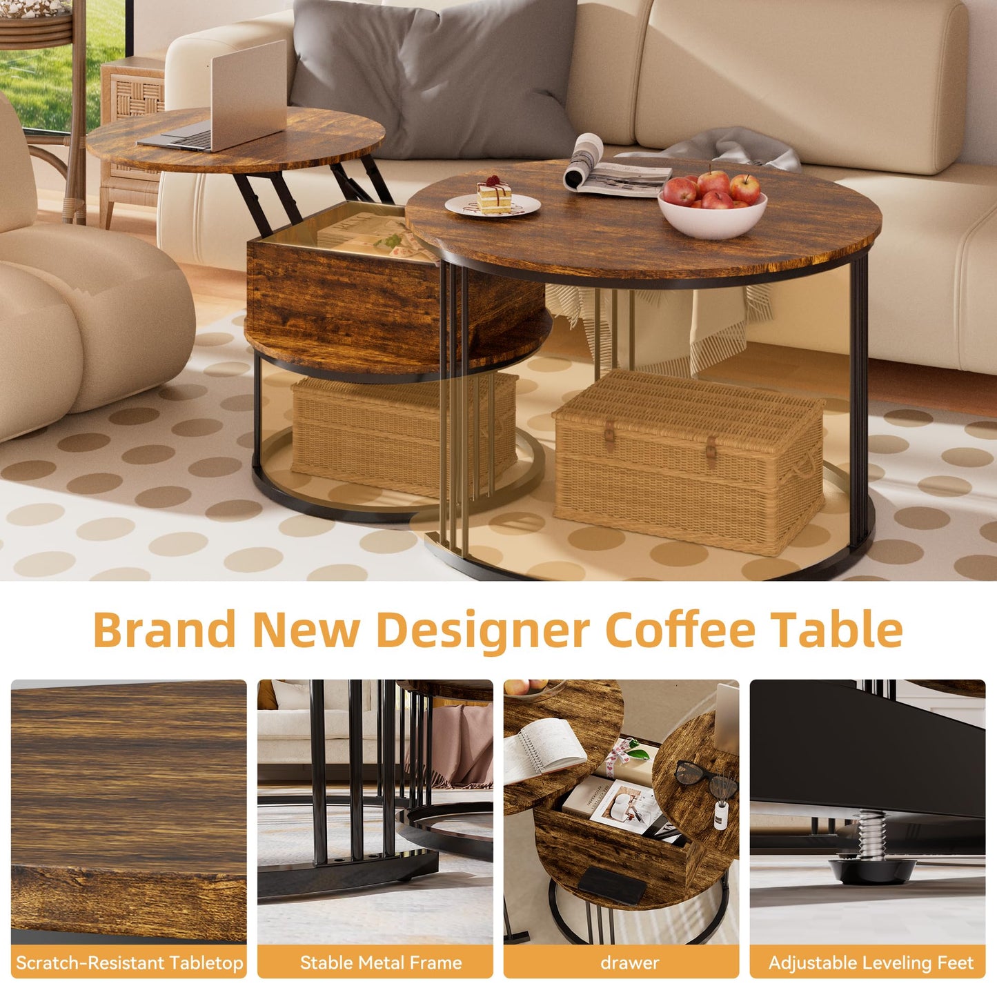 PURFINO Round Coffee Table - 70cm/50cm Nesting Tables Set of 2, Hydraulic Lift-Top with Hidden Storage, Centre Table for Living Room, Small Space