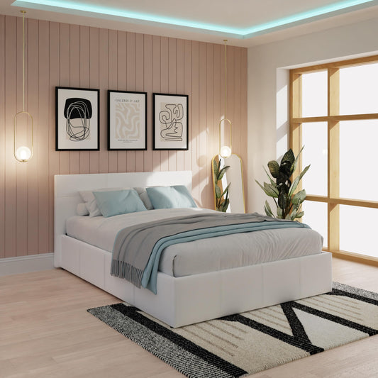 GFW Classic Leather Upholstered Ottoman Storage Bed With Gas End Lift & Under Bed Storage, King Size, Faux Leather, White