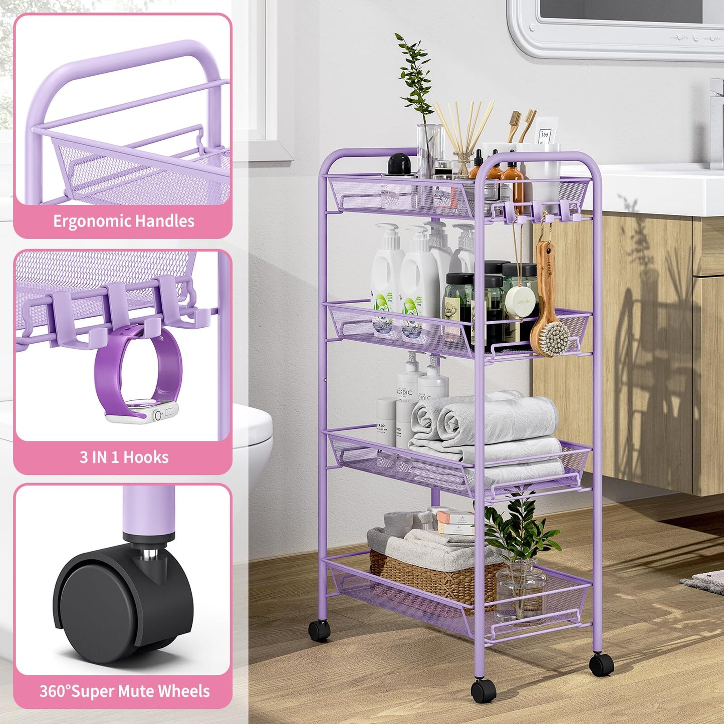 APEXCHASER 4-Tier Rolling Cart,Easy Assemble Mobile Storage Trolley On Wheels,Slide Out Utility Cart Shelving Units Kitchen Bathroom Laundry Room