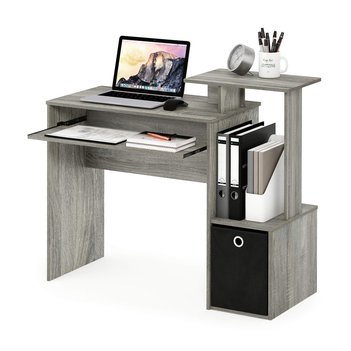 Furinno ECON Desk, Gaming Desk with Keyboard Tray, Computer Desk, Office Desk with Side Shelves and Storage Bin for Home Office, Study Room, Dorm