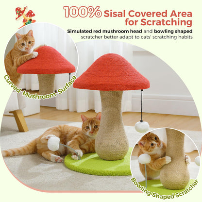 PAWZ Road Cute Cat Scratching Post, Mushroom Cat Scratcher with 100% Sisal Covered Scratching Post & Pompoms Cat Toy, Mushroom Cat Post for Indoor