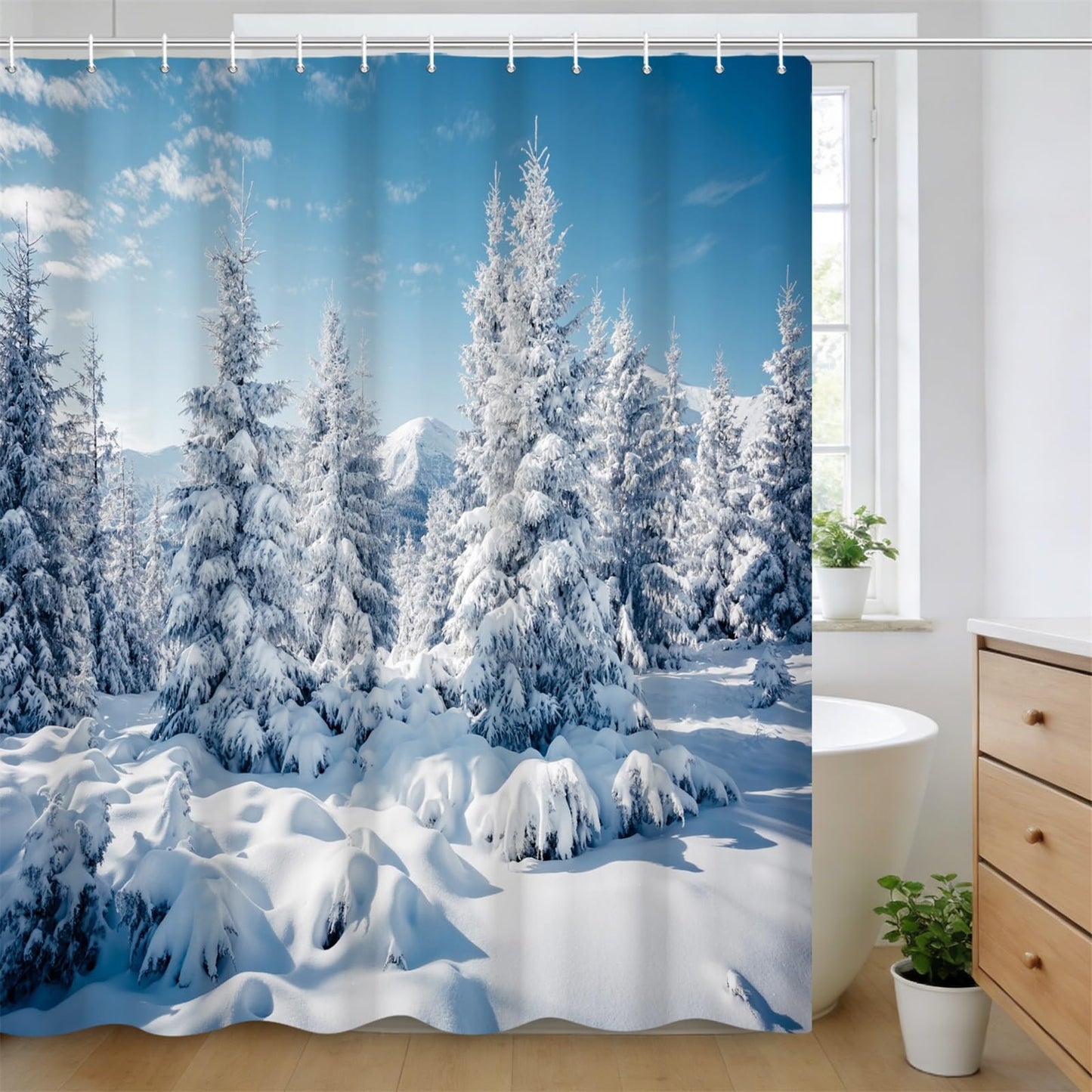 Kzzfqxb 180x200cm Shower Curtains with Plastic Hooks, Christmas New Year Rural Blue Sky Snow Covered Earth and Pine Trees Waterproof Polyester Fabric