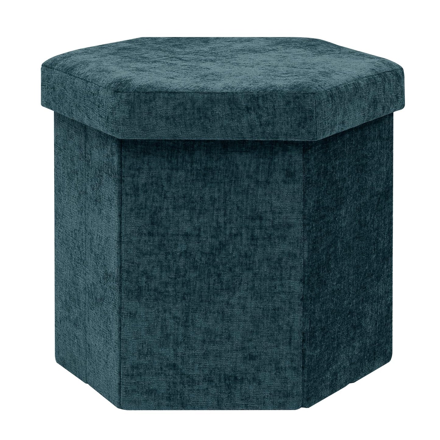 PINPLUS Chenille Ottoman Storage Box, Hexagonal Folding Stool, Blue