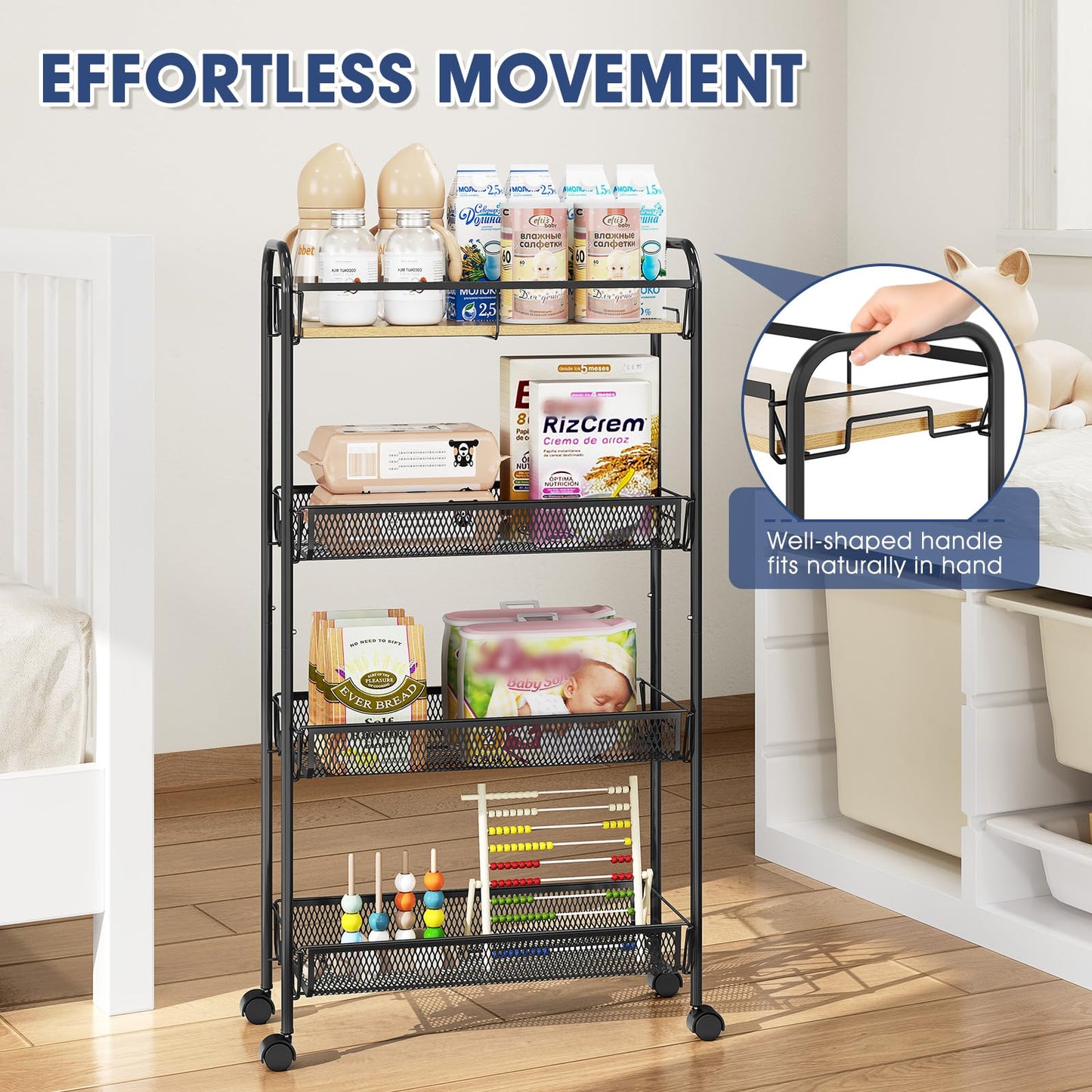 KINGRACK 4-Tier Rolling Cart with Wooden Tabletop & Mesh Baskets, Slide Out Metal Utility Cart