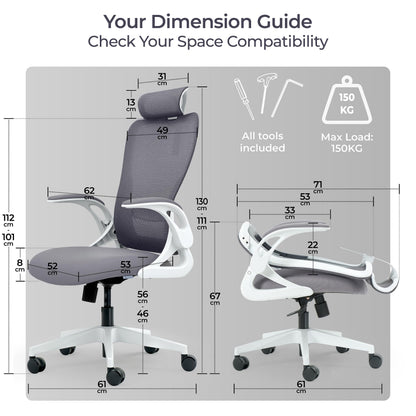 Tervo Model U | Folding Office Chair for Small Spaces | Ergonomic Design with High Rebound Mesh | Computer Desk Chair for Gaming | For Adults & Kids