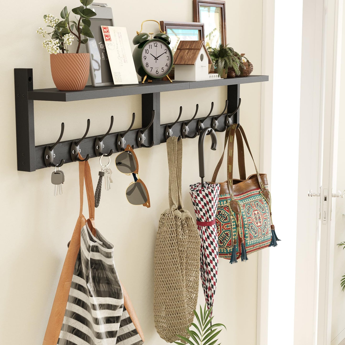 AMBIRD 87cm Extra Wooden Wall Coat Rack with Shelf - Elegant and Functional Wall-Mounted Storage Solution with 10 Hooks for Coats, Hats, Keys