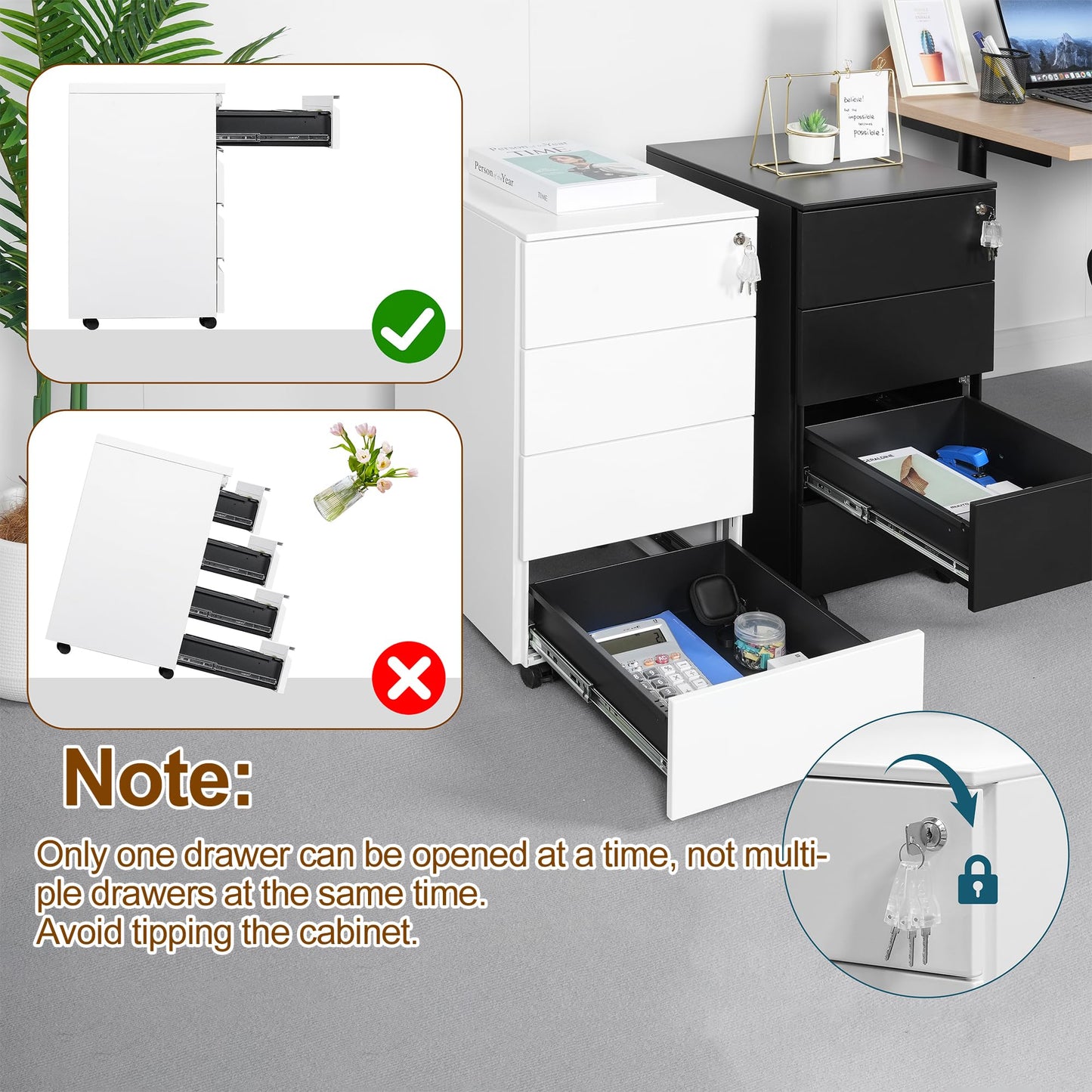 HOMSTEEL Mobile File Ccabinet, Filing Cabinet with 1 Lock, 4 Keys, 4 Drawers, Metal Cabinet, Pre-assembled, for Office, Home Office, White