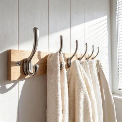 HONSKY Wall Coat Rack - 6 Double Hooks 44cm | Wooden & Metal Towel/Coat Hanger for Entryway, Bathroom, Bedroom, Garage | Easy Install