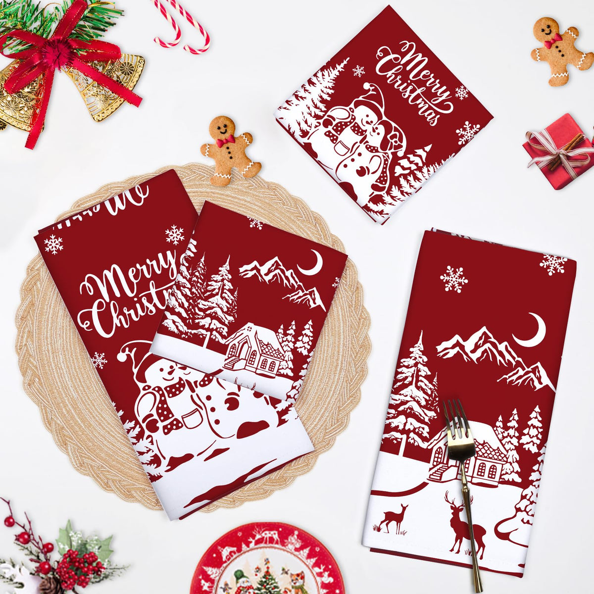 Arquiel 2 Pcs Snowman Christmas Kitchen Towel 100% Cotton Winter Absorbent Dish Towel 70 x 48 cm Housewarming Red Farmhouse Decorative Hand Towel for