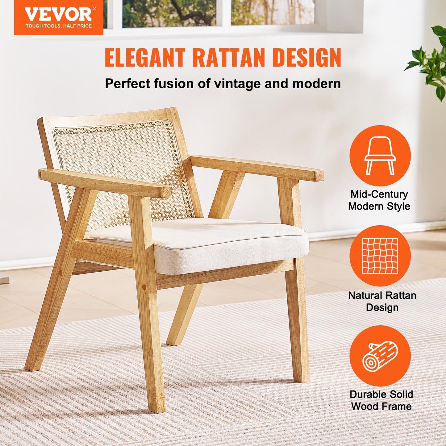 VEVOR Rattan Chair, Mid Century Modern Dining Chair with Armrest, Upholstered Chair with Rattan Back