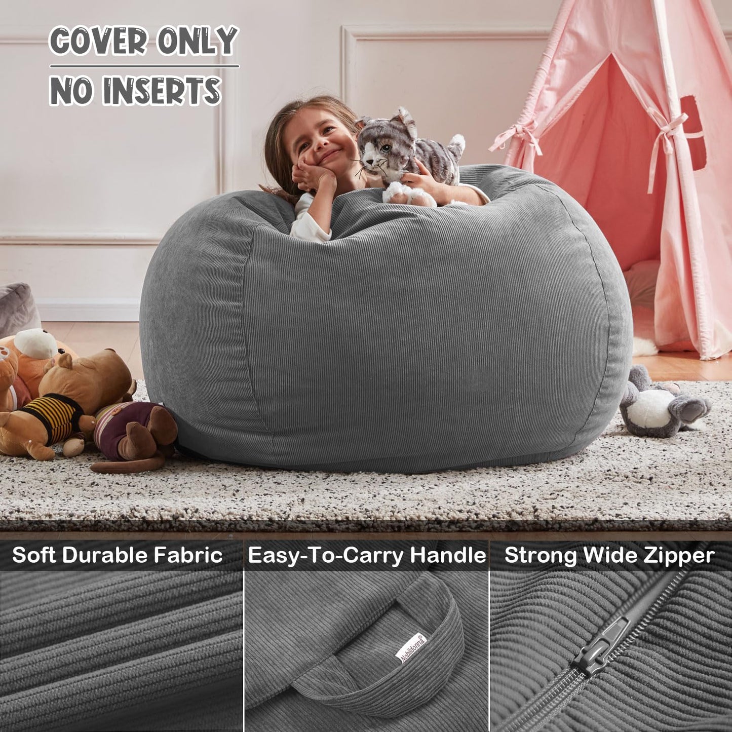 Nobildonna Bean Bag Chair Cover (No Filler) for Kids Beanbag Stuffed Animal Storage Without Filling Plush Toys Holder and Organizer Soft Premium
