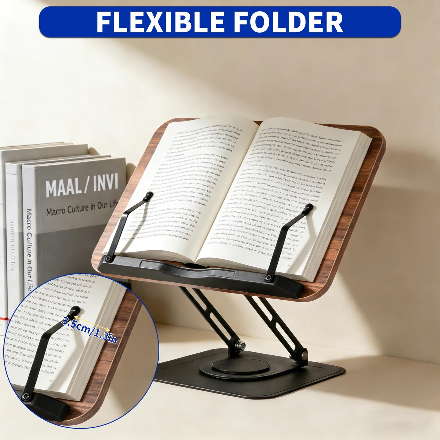FREEAMG Book Stand for Reading, Adjustable Book Stand with 360° Swivel Base