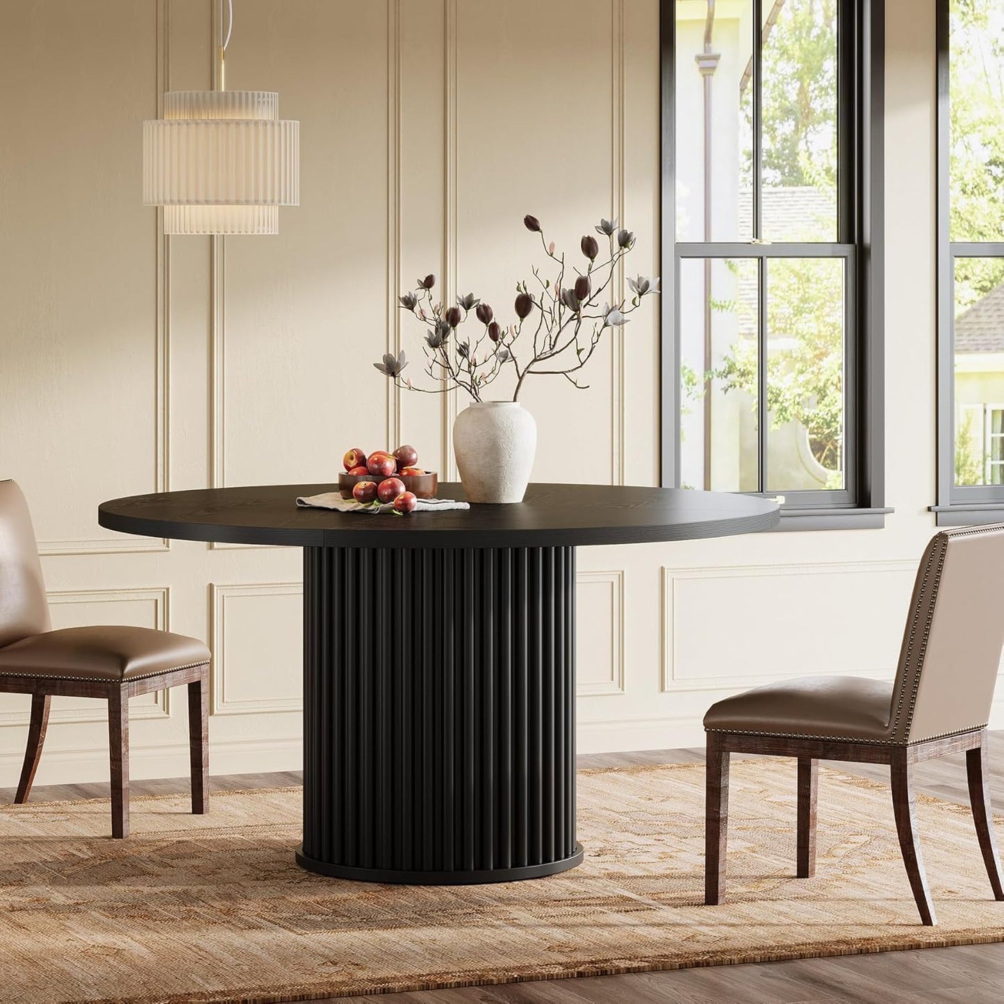 Tribesigns 47-Inch Black Round Dining Table for 4-6 People, Modern Circle Kitchen Table with Fluted Round Base