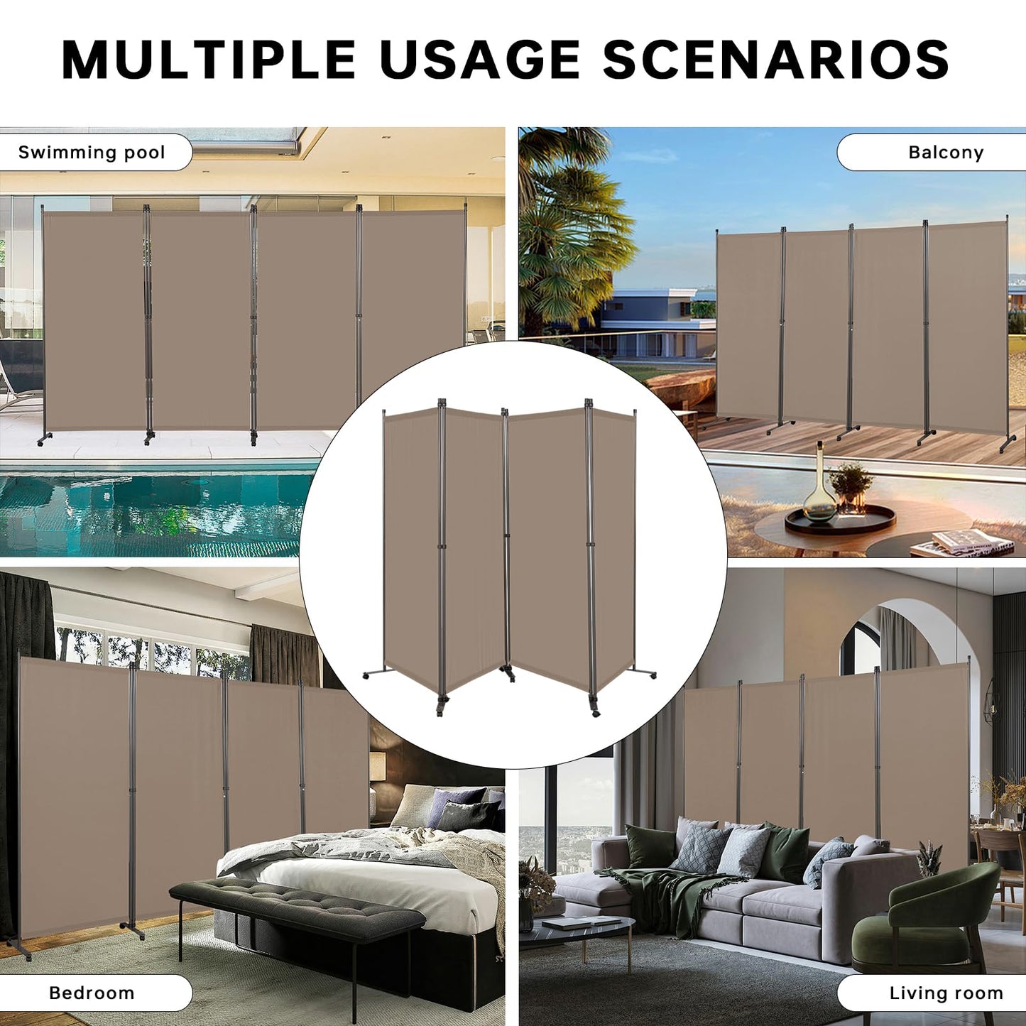 Angel Living 4 Panels Folding Room Divider, Privacy Screen Composed of Polyester Fabric and Sturdy Iron Frame