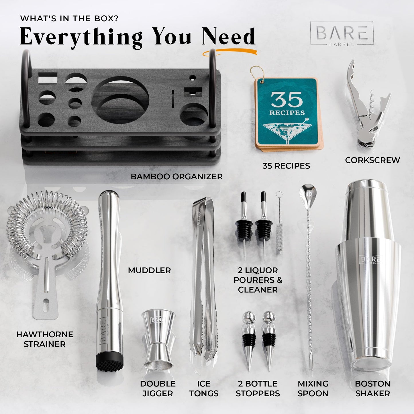 BARE BARREL Cocktail Making Kit | 14-Piece Bartender Kit Cocktail Shaker Set Maker | Display Stand & 35 Recipe Cards | Mixology Cocktail Gift Set