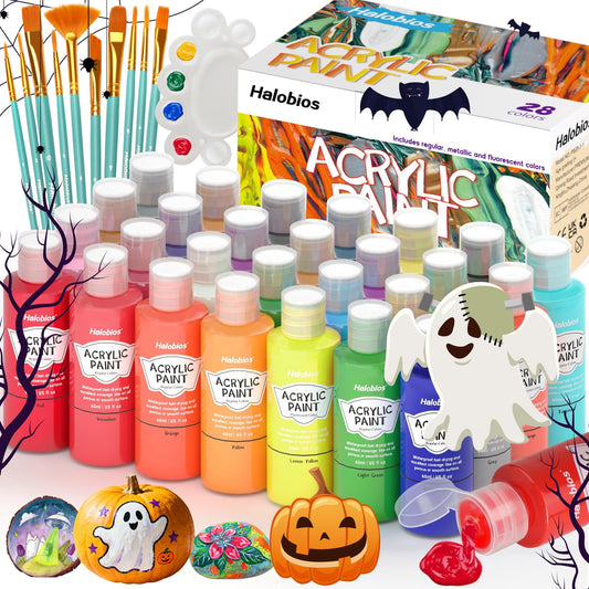 Halobios Acrylic Paint Set 28 Colors(2 fl oz/60 ml), Premium Acrylic Paints for Kids & Adults, With Fluorescent Colors & Metallic Colors for Painting,