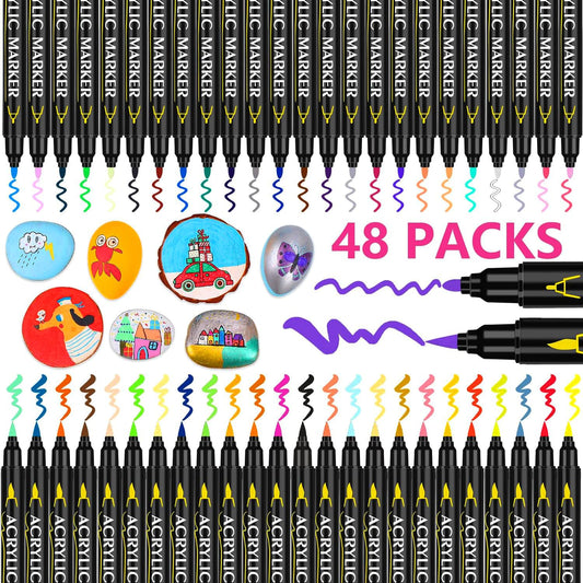 Laconile 48 Acrylic Paint Pens for Rock Painting,Acrylic Markers Paint Markers for Glass Stone Wood Ceramic,Dual Tip Acrylic Pens with Fine and Brush