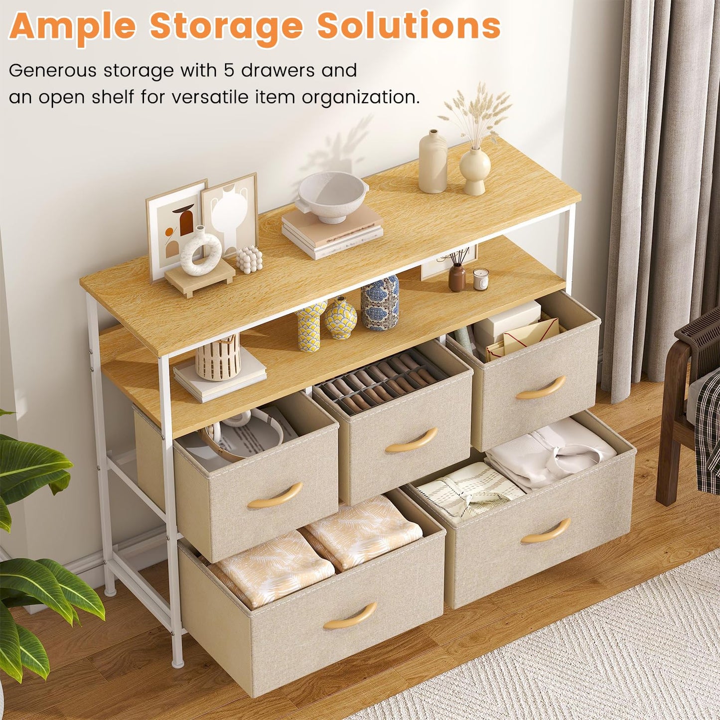 Feonase Chest of Drawers, 5 Drawers Dresser with TV Stand, Metal Frame and MDF Top Board, Adjustable Feet, Storage Unit Ideal for Bedroom
