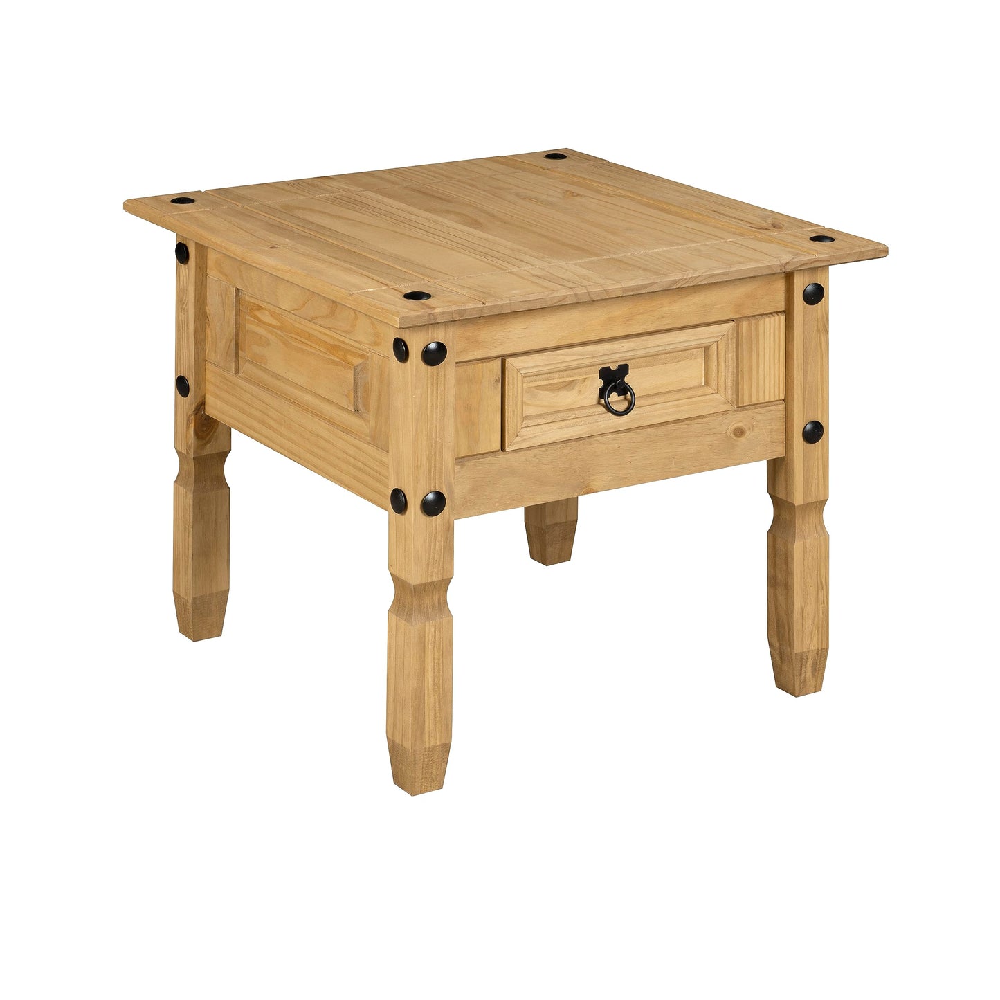 Corona 1 Drawer Lamp Table Mexican Solid Pine with Black Metal Hardware Waxed Finish W 58cm x D 58cm x H 52cm