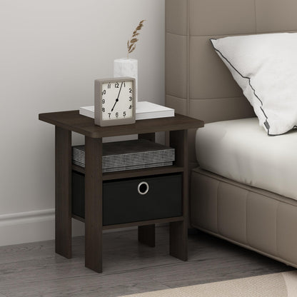Furinno TIDUR Set of 2, Bedside Table with Storage Bin, Dark Brown