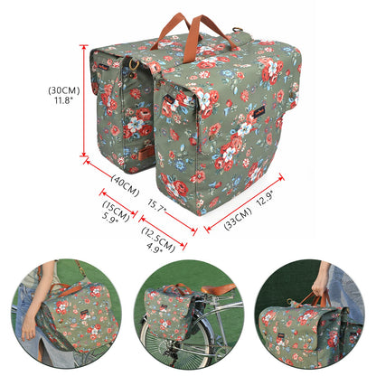 Tourbn TOURBON Waterproof Canvas Bicycle Bike Rear Seat Carrier Luggage Storage Bag Cycling Double Roll-up Pannier Bag Rear Pack Flower Pattern