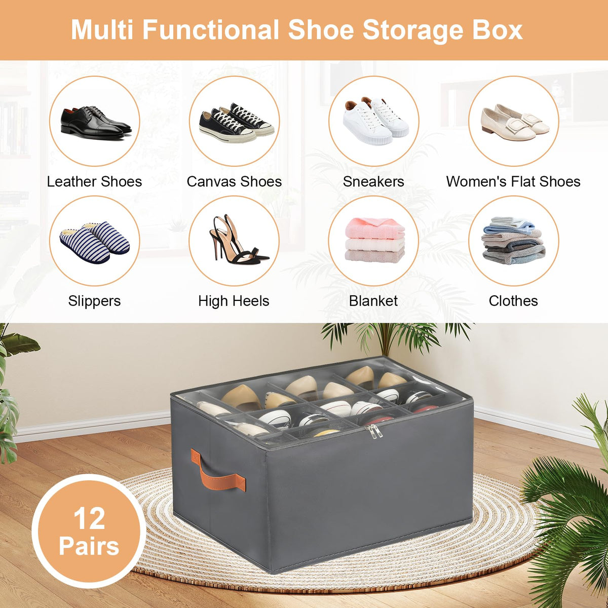 GFUEIGJ Space Saver Shoes Containers Bin Foldable Shoe Organiser Fabric Shoe Storage Box Shoe Organiser with Clear Lids for Wardrobe 1 Pack Gray