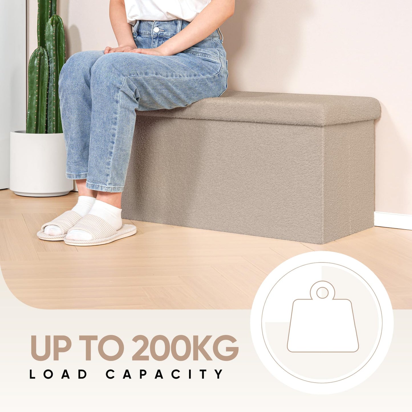 Bonlife Ottoman Bench,Large Toy Storage Box with Lid,Folding Footstool with Storage for Living Room,Hallway,Boucle Fabric,Beige,80x40x40cm