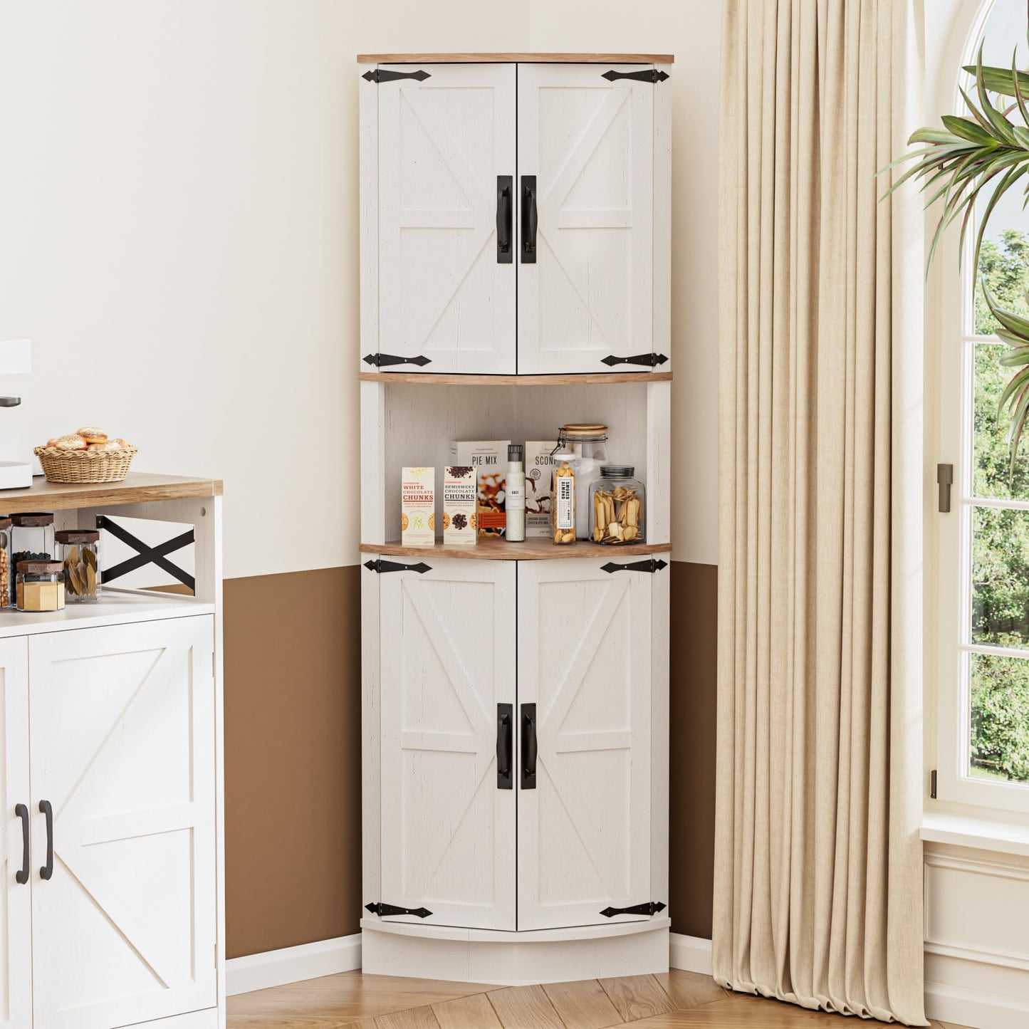 BonVache 165cm Tall Corner Storage Cabinet with Barn Doors, 5-Tier Tall Cupboards Cabinet for Living Room, 4 Wooden Doors and 5 Shelves
