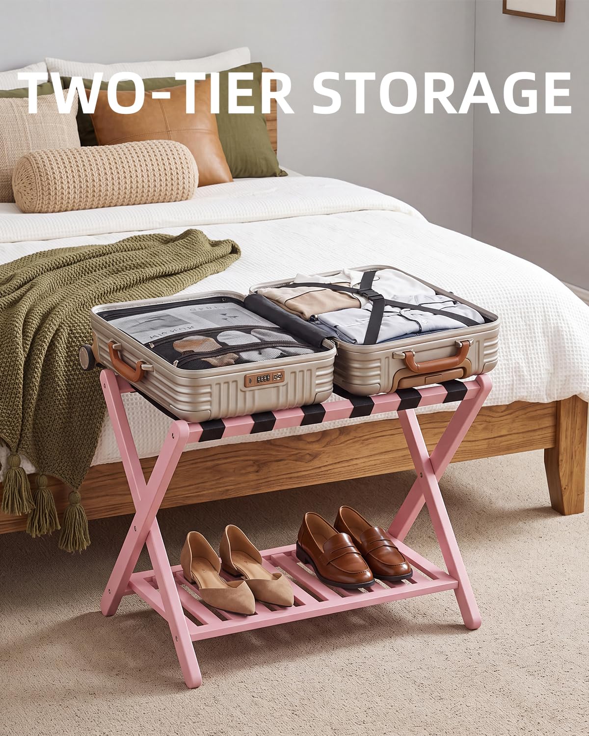 SMIBUY Luggage Rack, Set of 2, Foldable Bamboo Suitcase Stand with Storage Shelf for Guest Room, Bedroom, Hotel, Heavy-Duty (Pink)