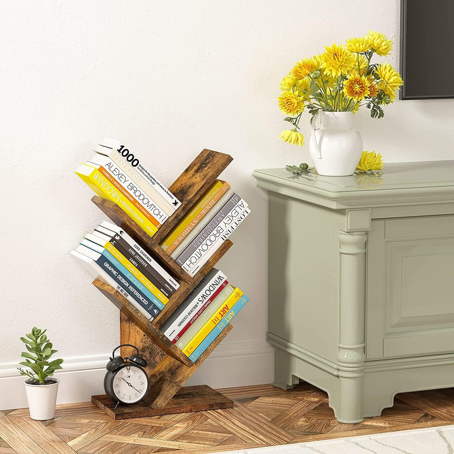 Hoctieon 4 Tier Tree Bookshelf, 4 Shelf Bookcase, Modern Book Storage, Free Standing Tree Bookcase, Utility Organizer Shelves for Home Office
