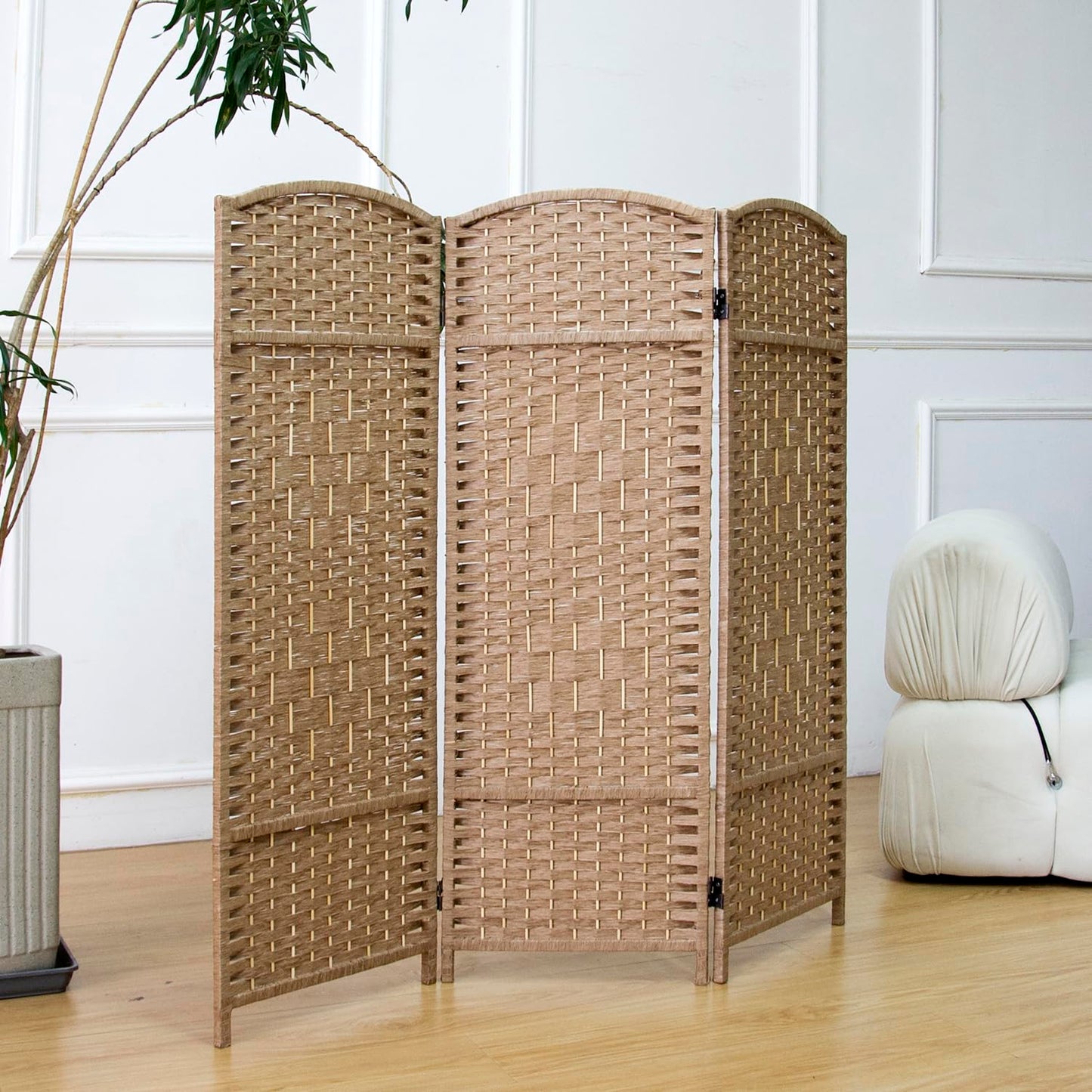 Furnnylane 3 Panel Light Brown Rattan Divider Short Room Partition Screen,Double Sided Short Folding Divider for Room Separation,120 cm Tall