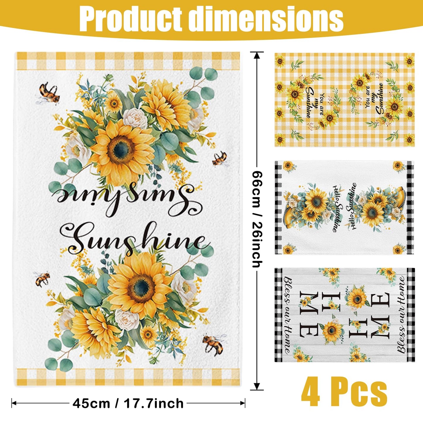 Sunflower Kitchen Towels, Microfiber Tea Towel, Soft Absorbent Quick Dry Reusable Dish Towel Set of 4, Hand Towels for Kitchen Drying