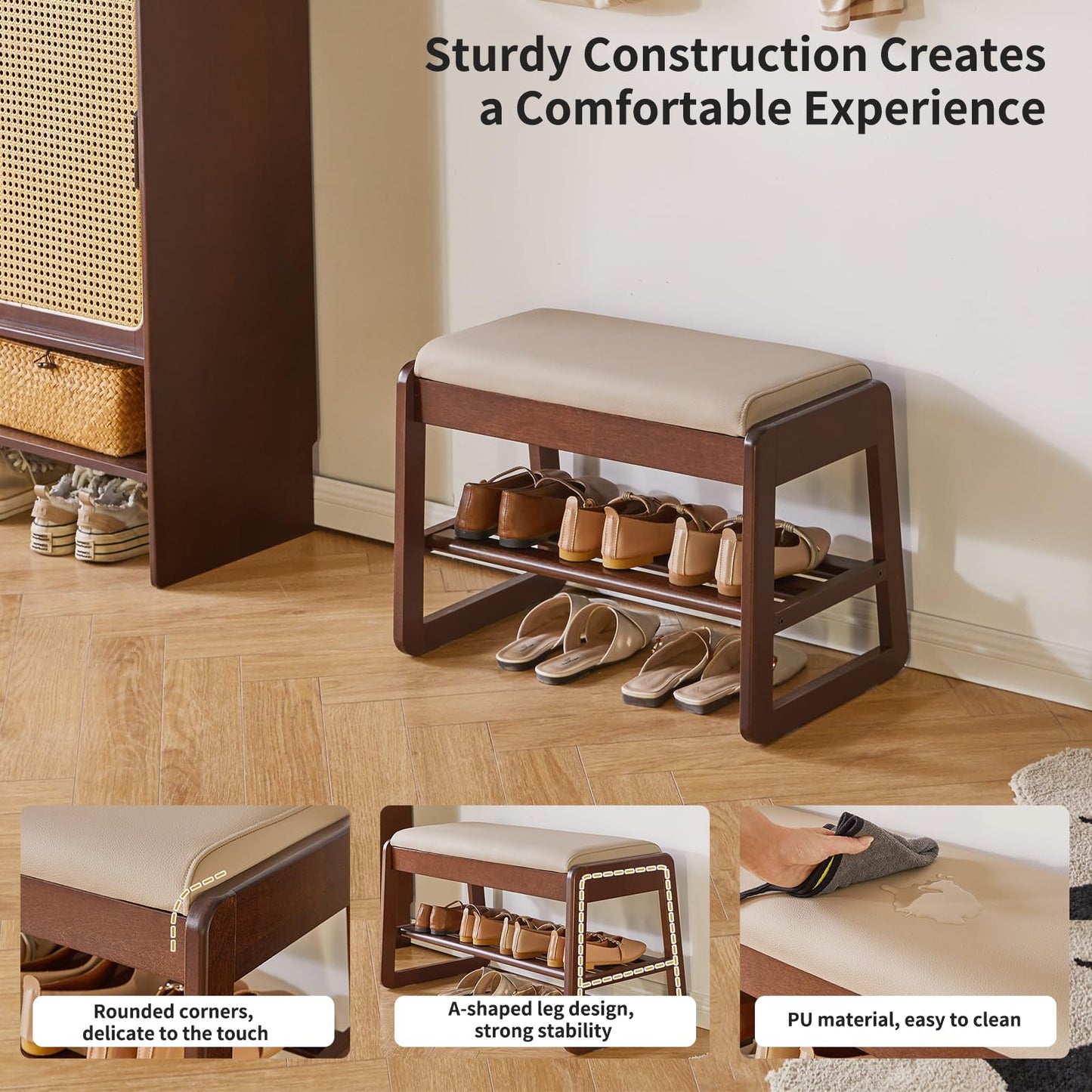 Aibiju Shoe Storage Bench with Cushion, 2 Tiers Solid Wood Shoe Bench with Flip-Top Storage, 23.62in Shoe Rack Bench for Entryway, Living Room