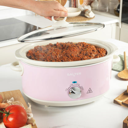 Salter Pink Retro 6.5L Slow Cooker  3 Heat Settings & Keep Warm, Dishwasher Safe Ceramic Pot, Tempered Glass Lid, Cool Touch Handles, Family Cooking,