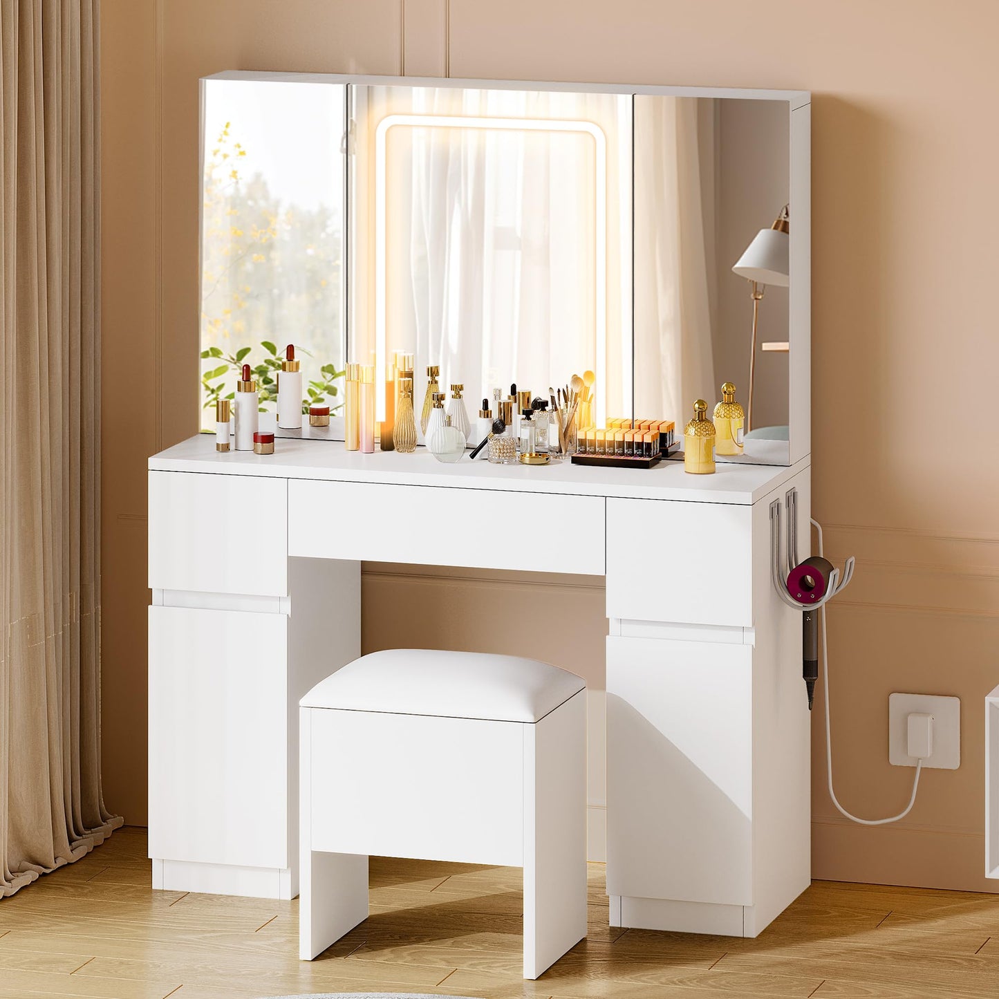 YITAHOME Dressing Table with Mirror and Stool, Vanity Desk with Mirror and Drawers White Dressing Table with LED Lights Jewelry Storage