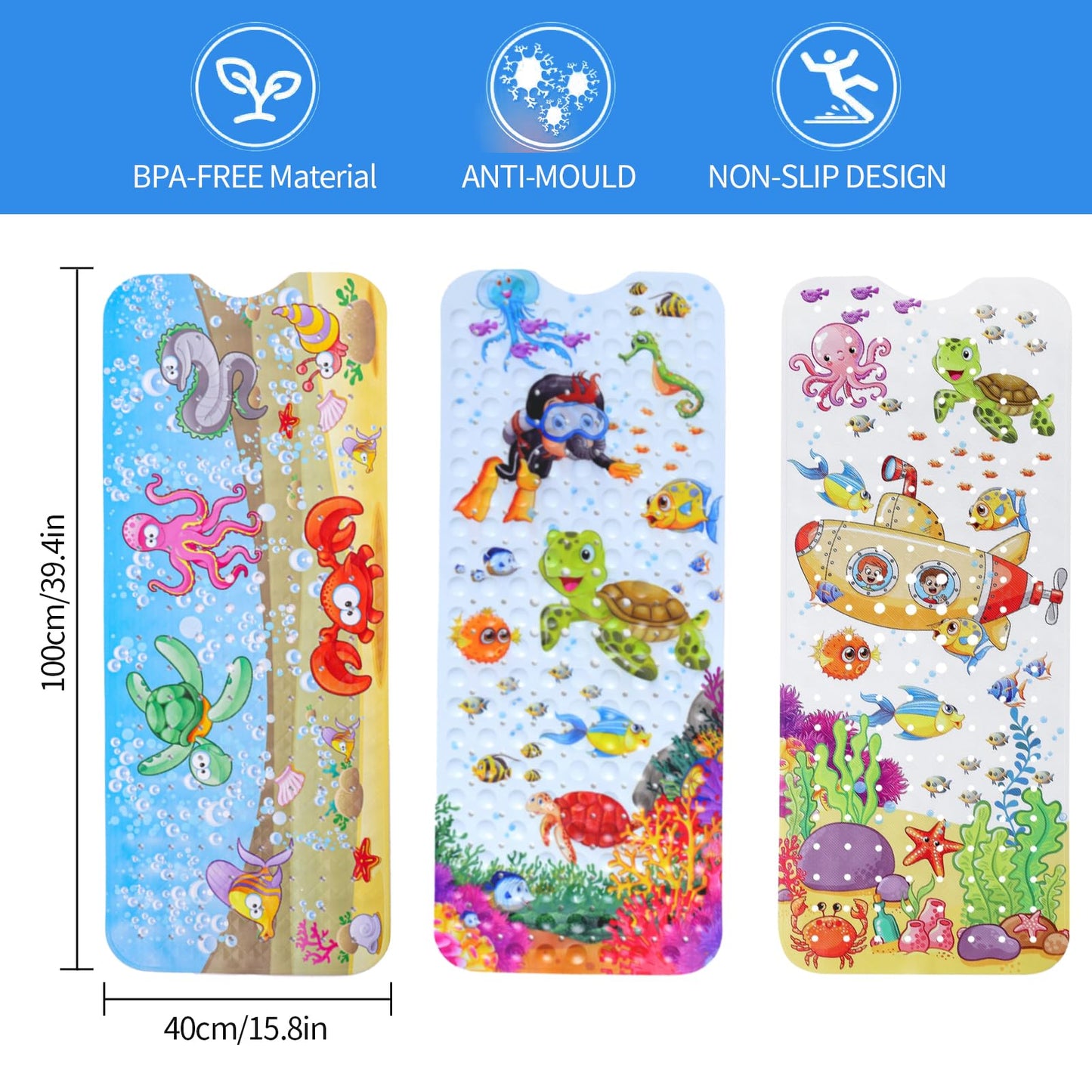 Baby Bath Mats Non Slip Anti Mould, 100x40cm Bathtub Mat with Suction Cups & Drain Holes Extra Long Cartoon Kids Bath Seat Mat Machine Washable