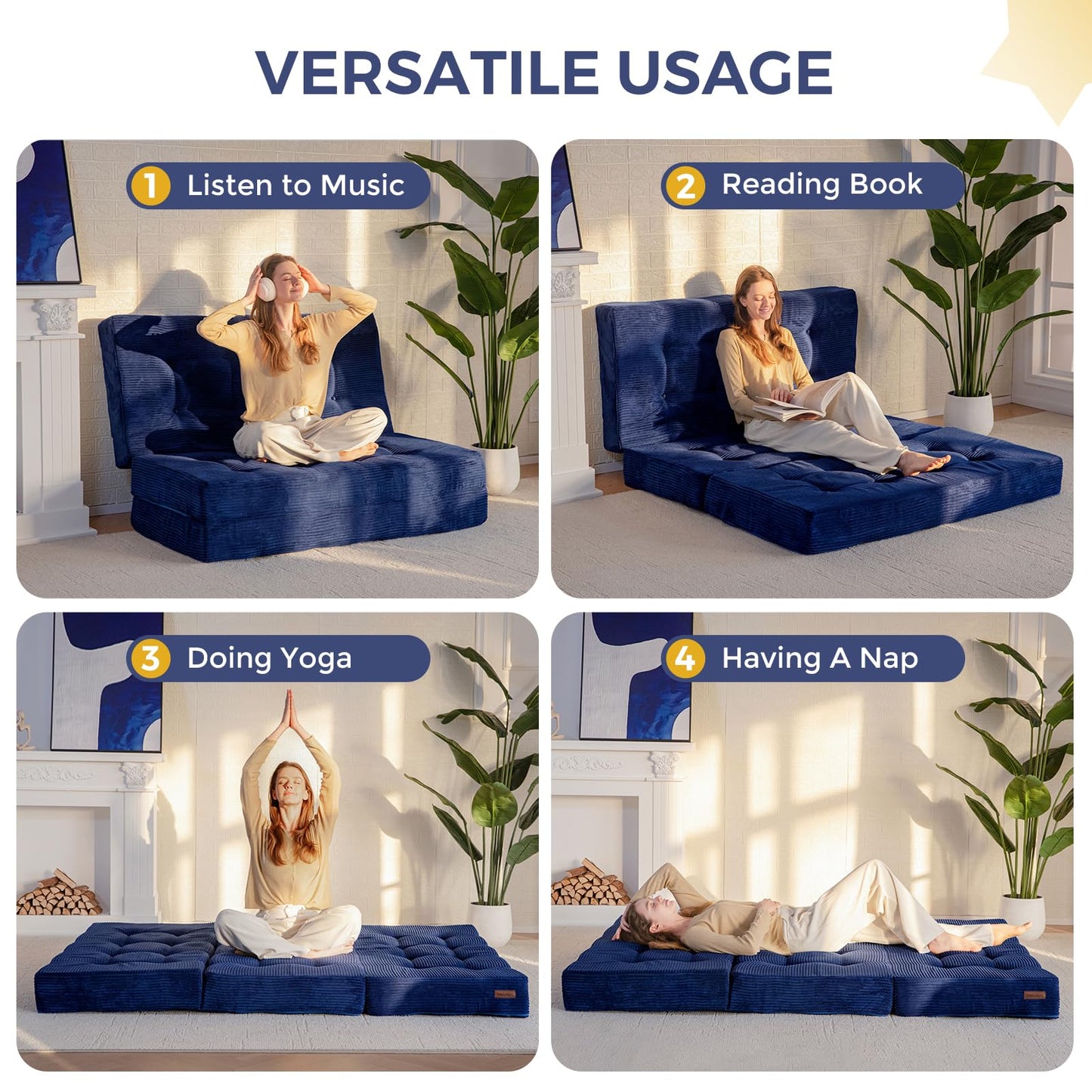 MAXYOYO Folding Mattress, Comfy Corduroy Foldable Mattress with 15cm Thicken Foam, Tri-Fold Floor Futon Sofa Bed for Guest,Dark blue,Small Single