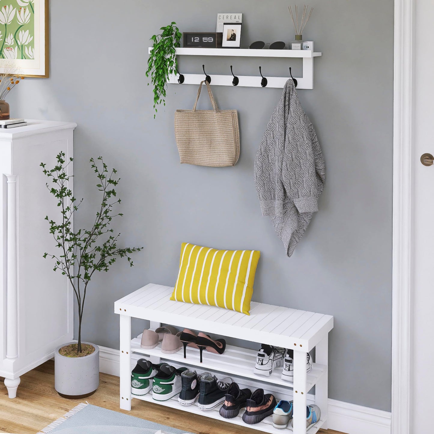 SMIBUY Coat Hooks with Shelf Wall-Mounted, 74 cm Entryway Coat Rack for Wall, Bamboo Hanging Shelf with 5 Double Metal Hooks for Bathroom, Bedroom